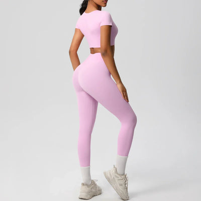 Yoga Set 2 Pieces Women Tracksuits Workout Sportswear Gym Clothing Fitness Short Sleeve With Padded High Waist Leggings Suits