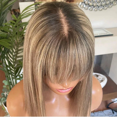 Real Human Hair Wigs with Bangs Short Bob Wig Straight Lace Front Wig Natural Hairline HD Lace Ash Blonde Fringe Wig Dark Roots