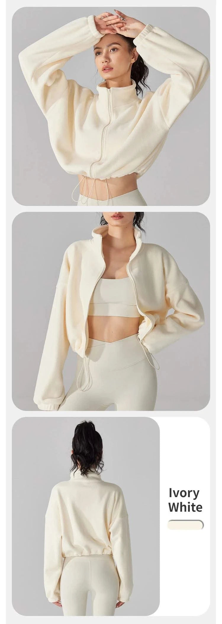 Women's Fleece Short Jacket Full Zip Stand Collar Warm Winter Sherpa Crop Coats with Drawstring Hem Gym Fitness Sports Clothing