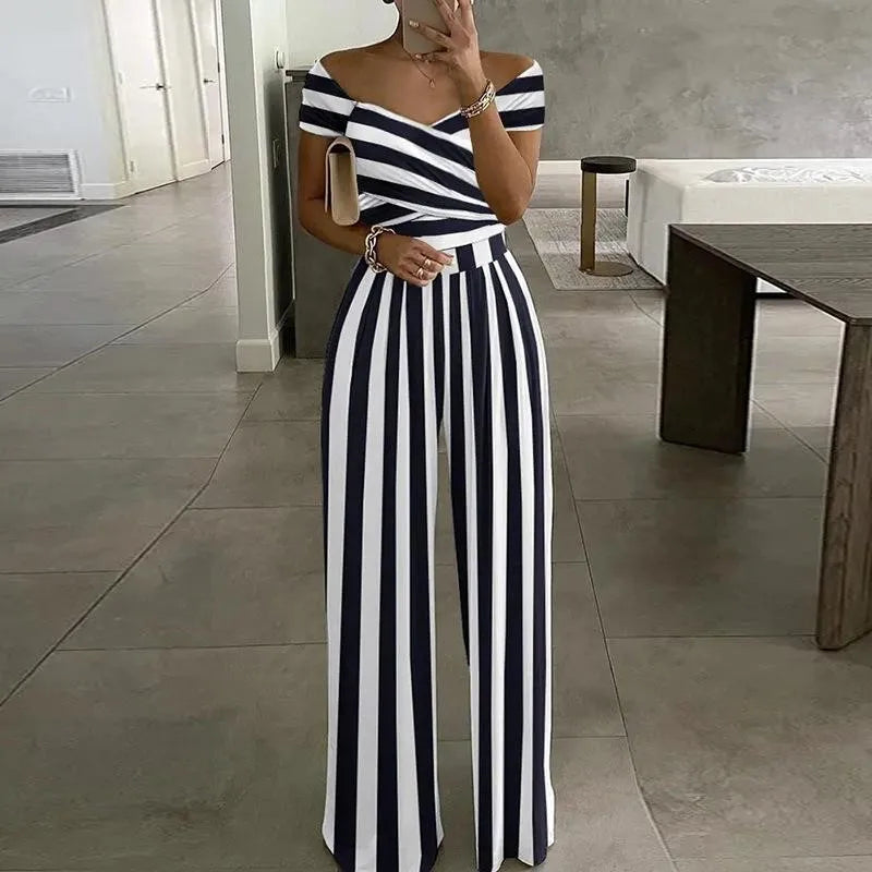 Women's Fashion Printed Casual High Waist Jumpsuit Ladies Sexy Off Shoulder Flower Short Sleeve Wide Leg Jumpsuit Woman Rompers