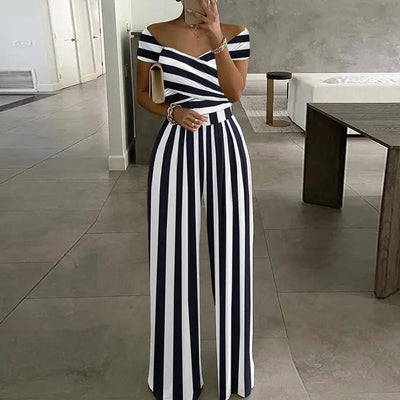 Women's Fashion Printed Casual High Waist Jumpsuit Ladies Sexy Off Shoulder Flower Short Sleeve Wide Leg Jumpsuit Woman Rompers