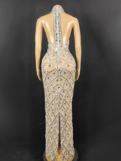 Women Sexy Stage Shining Rhinestone Sequins Dress Evening Prom Birthday Dress Transparent Performance Singer Club Host Dress