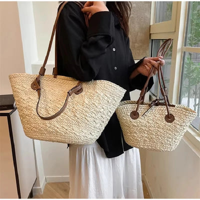 Designer Bohemian Chic Shoulder Bag,Solid Color Large Capacity Straw Woven Tote Bag,Nature-Inspired Beach Vacation Women Handbag