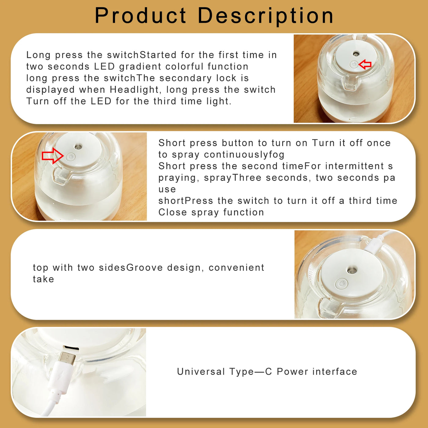 Air Humidifier Cute Ultrasonic Colorful Night Light Mini Humidifier Diffuser Transparent  Portable Home Bedroom Aroma Diffuser