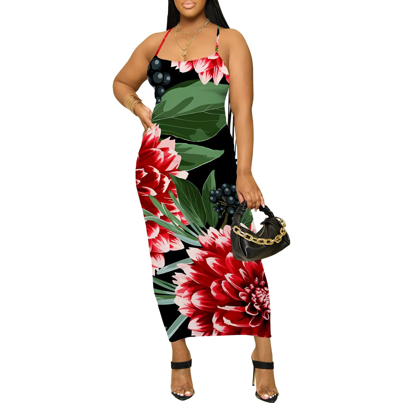 Summer Sleeveless Midi Dress Women Bodycon Floral Print Casual Spaghetti Strap Slim Fit Holiday Beach Wear
