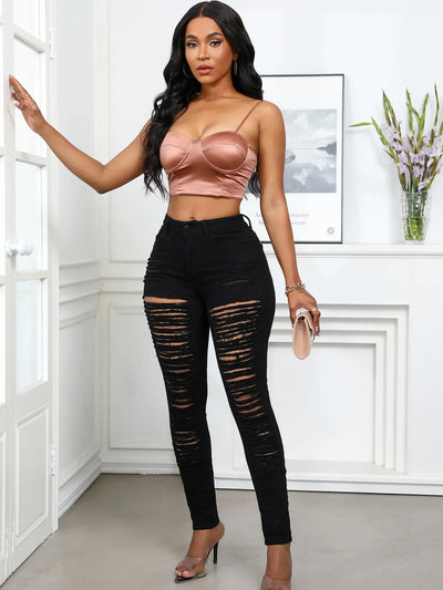 Women's Spring and Fall Fashion Elastic Ripped Jeans Women Casual Close-fitting High-waisted Denim Small Leg Pants Pencil Pants
