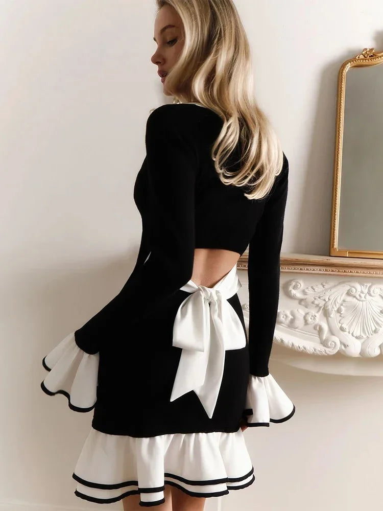 Ruffle Mini Dress for Women V Neck Bodycon Long Sleeve Short Dresses Femme Backless Bow Bandage Elegant Patchwork Dress