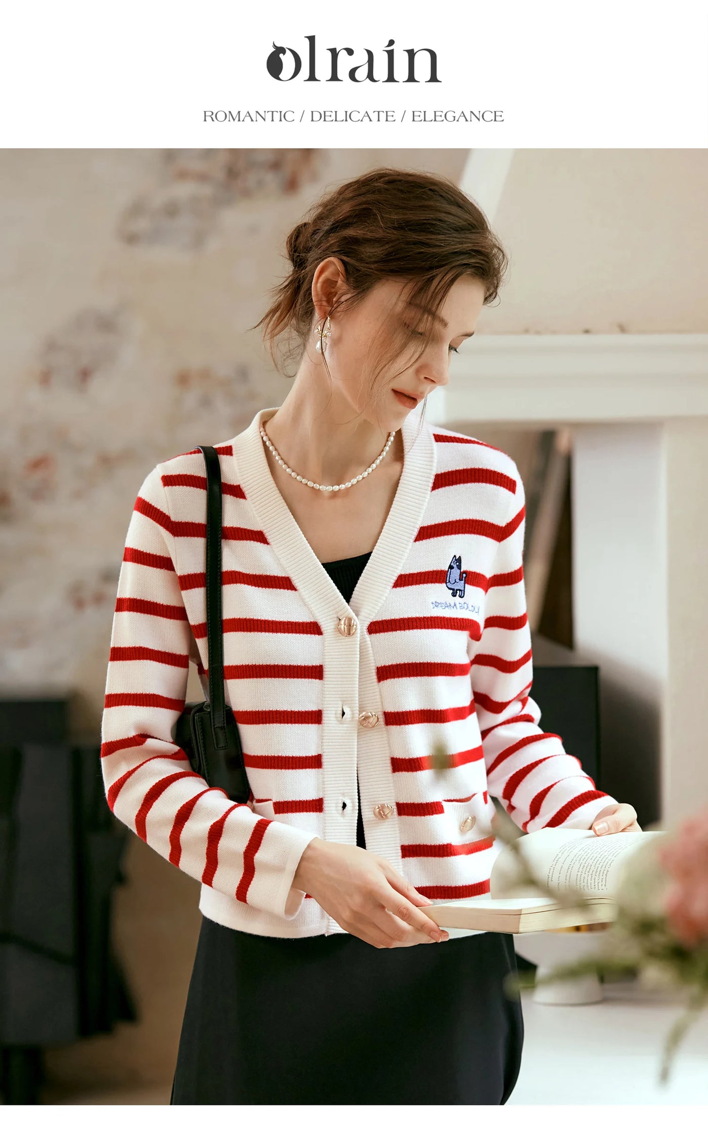 OLrain Wool Blend Striped Cardigan Women 2025 Spring Commute Embroidery V Neck Long Sleeve Chic Button Knitwear M56QZ86390