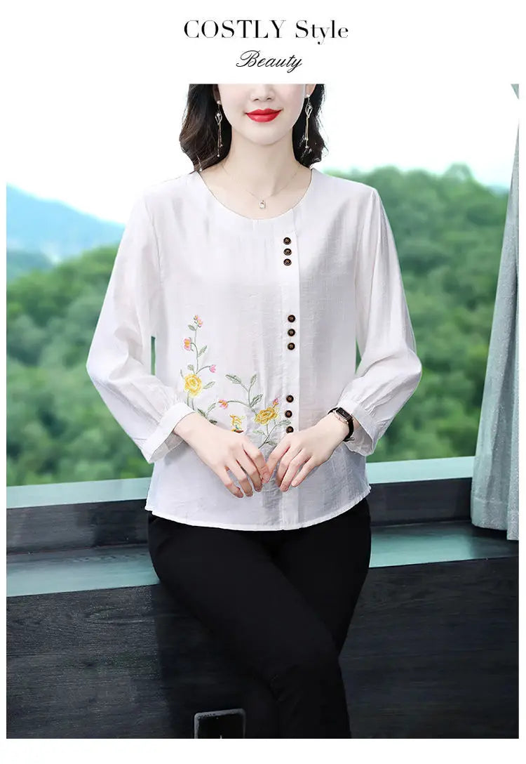 Summer Cotton Linen Embroidery Loose Casual Blouse Lady 3/4 Sleeve Vintage All-match Top Women Fashion Oversized Elegant Shirt