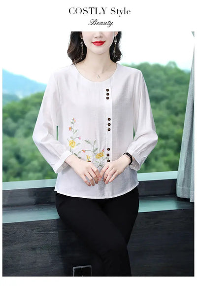 Summer Cotton Linen Embroidery Loose Casual Blouse Lady 3/4 Sleeve Vintage All-match Top Women Fashion Oversized Elegant Shirt