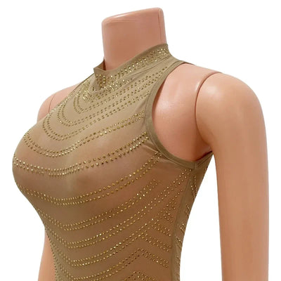 Sexy Sheer Mesh Studded Maxi Dress Women Sheath Backless Party Dress Clubwear