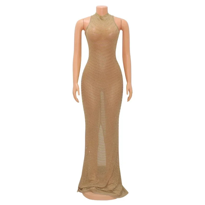 Sexy Sheer Mesh Studded Maxi Dress Women Sheath Backless Party Dress Clubwear