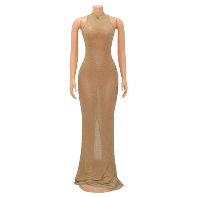 Sexy Sheer Mesh Studded Maxi Dress Women Sheath Backless Party Dress Clubwear