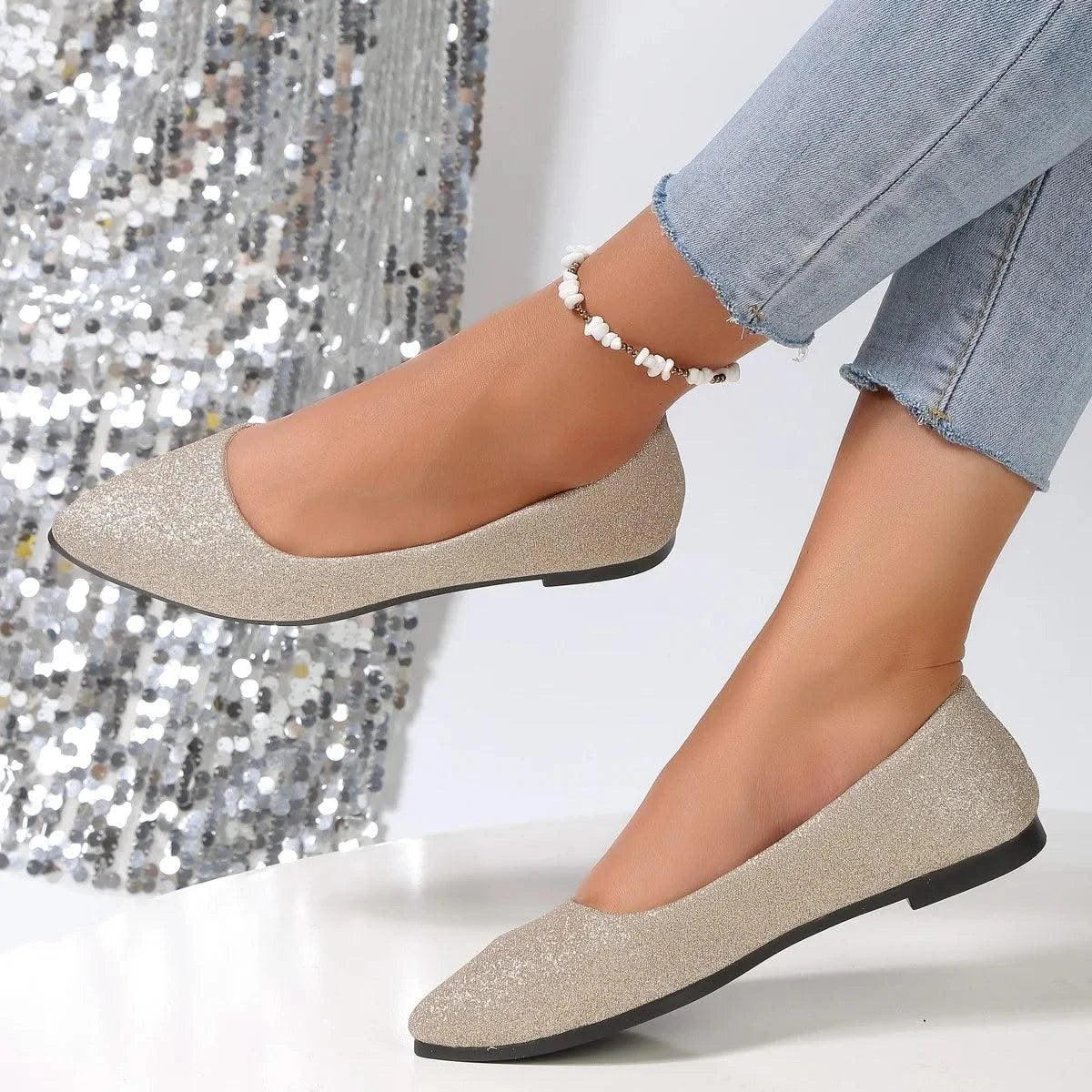 Glittery Slip on Loafers | Breathable Pointed Toe Boat Shoes | Shallow Flats Women Plus Size 43