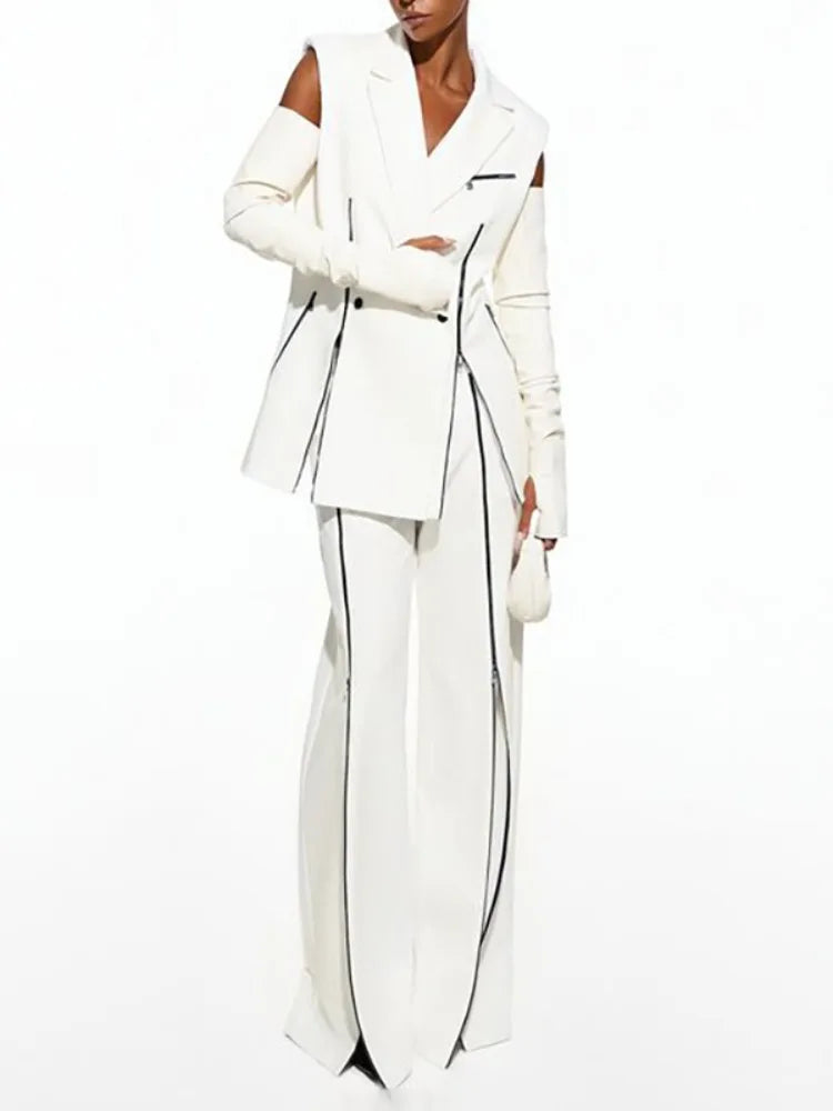 Gymystars Summer Suit Set for Women White Pants Sets Casual Contrast Color Zipper Trousers Sleeveless Shoulder Pad Vest Blazer