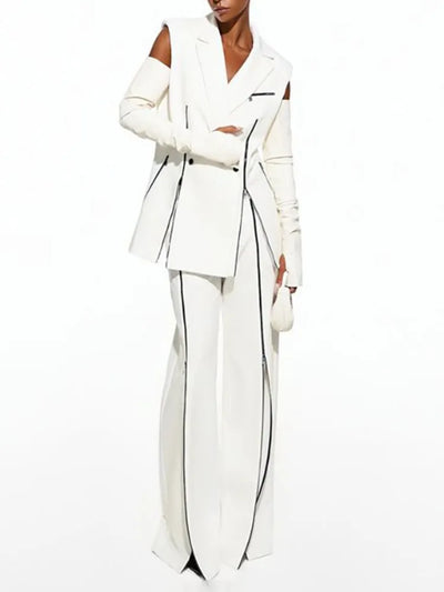 Gymystars Summer Suit Set for Women White Pants Sets Casual Contrast Color Zipper Trousers Sleeveless Shoulder Pad Vest Blazer