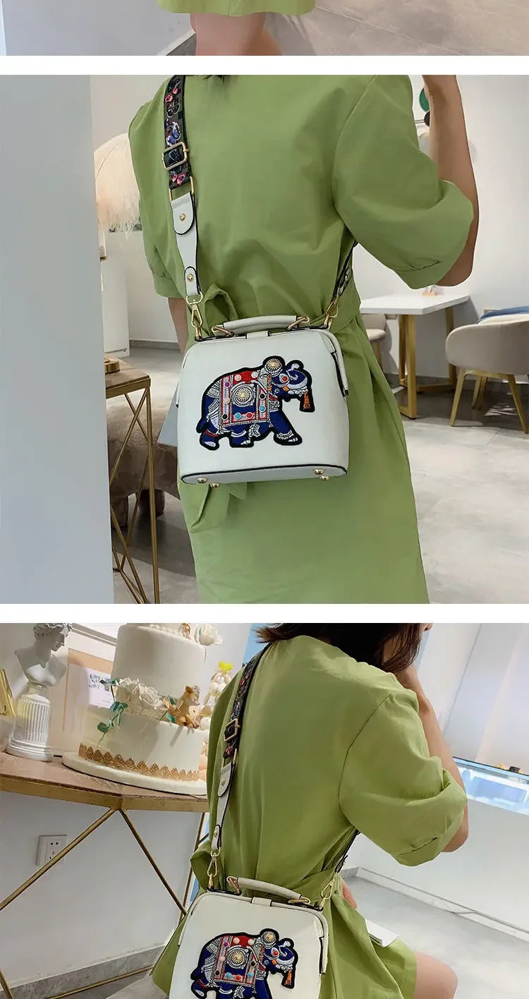 Fashion Women Leather Handbag Messenger Bag Purses Satchels Designer Luxury Handbags Crossbody Bags Elephant Embroidered Bags