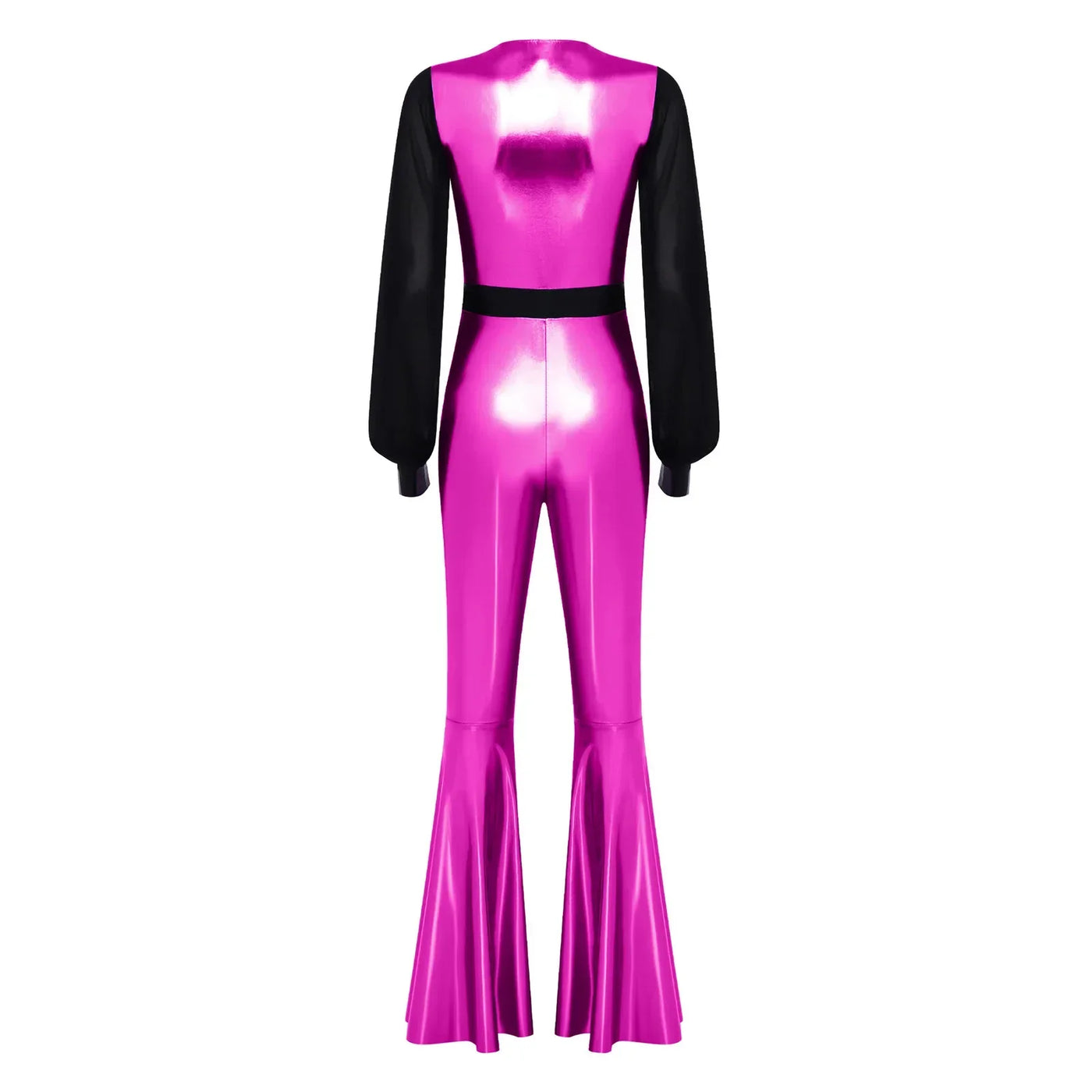 Womens Vintage 70s 80s Disco Dance Jumpsuit Mesh Long Sleeve Bell Bottom Pants Metallic Shiny Rompers Bodysuit Halloween Costume