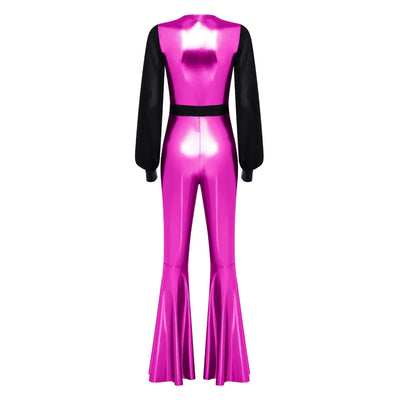 Womens Vintage 70s 80s Disco Dance Jumpsuit Mesh Long Sleeve Bell Bottom Pants Metallic Shiny Rompers Bodysuit Halloween Costume