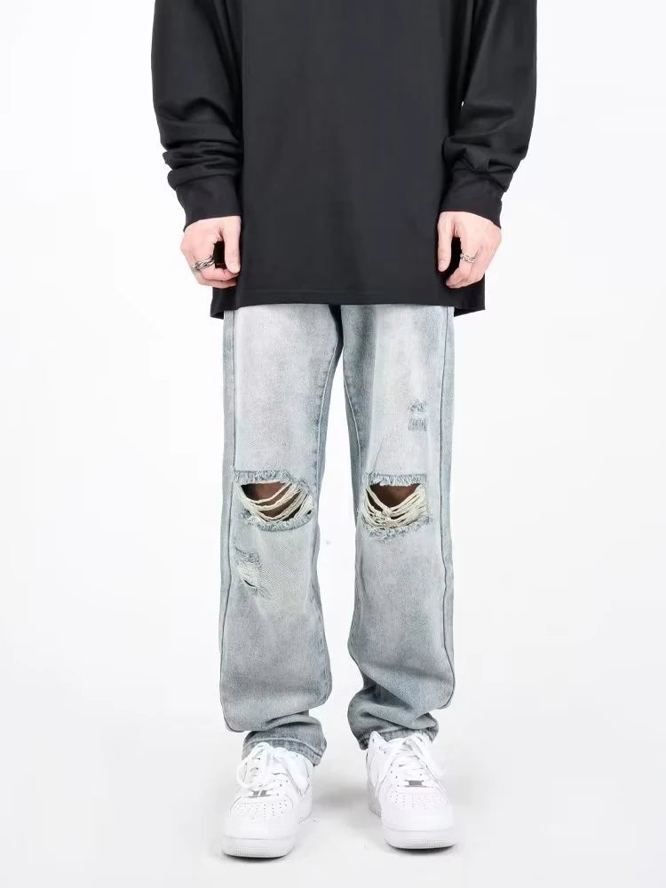 Summer Mens Ripped Jeans Blue Loose Fit Hole Wide-leg Pants Casual Fashion Trousers Streetwear High quality Denim Man Clothing