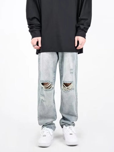 Summer Mens Ripped Jeans Blue Loose Fit Hole Wide-leg Pants Casual Fashion Trousers Streetwear High quality Denim Man Clothing