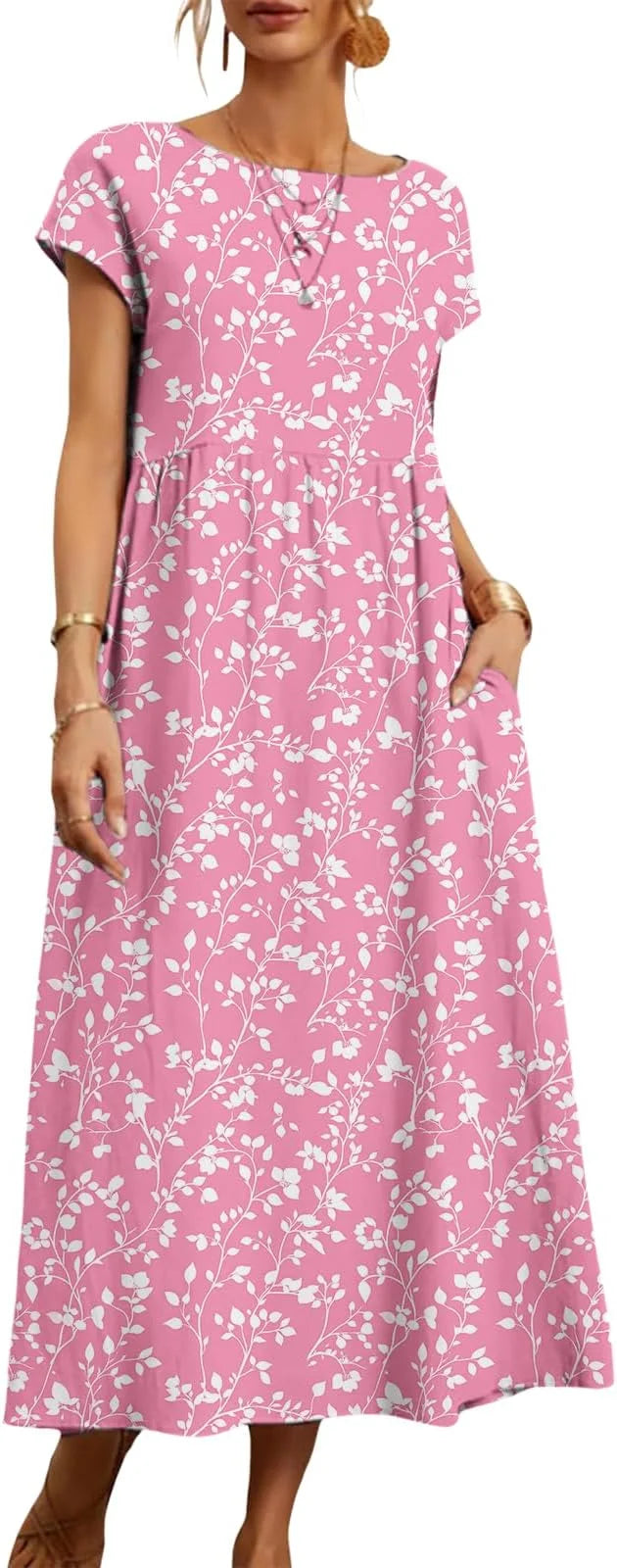Women's Summer Dresses, Short Sleeves, Midi Casual Dresses with Pockets, Flowy T-Shirt Dresses, Floral Resort Beach Vest Dresses