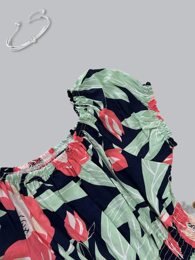 Women's Floral Summer Fashion Women's Print One-line Shoulder Dress Summer Beach Vacation Dress Causul Dress for Women