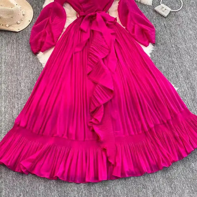 Women's V Neck Ruffles Splice Lantern Sleeve High Stretch Oversized Dresses Miyake Maxi Pleated 2025 Spring Long Party Clothing