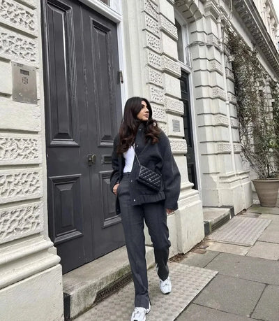 Woman's Oversized Bomber Jacket Autumn New Round Neck Long Sleeve Pocket Hidden Button Loose Jackets Coat Female Outerwear