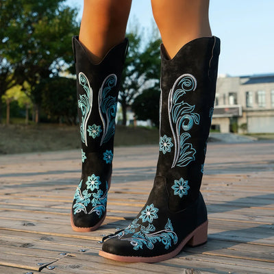 Women's Boots  New Embroidered Long Tube Boots Low Heel Calf Waterproof Cold Resistant Comfort Fashion Knight Boots