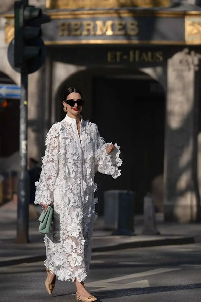Women's Dress Handmade 3D Embroidered Hollow Design Dress Pure White Dress Elegant Evening Dress Commuter Dress