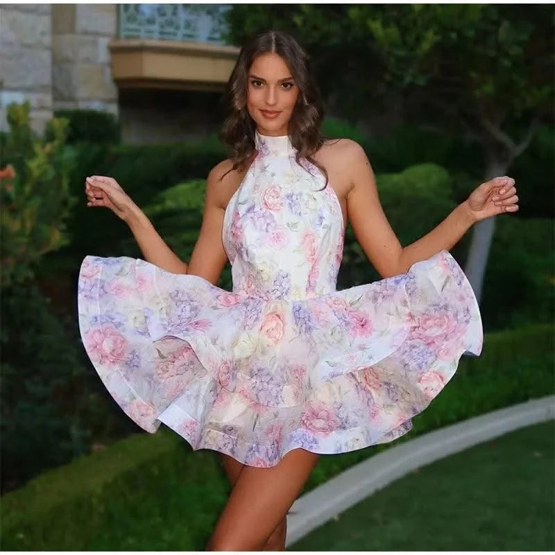 New Summer Party Dress Sweet Print Backless Mini Gown Women Elegant Lace Up Sleeveless A-line Vestidos Female Beach Holiday
