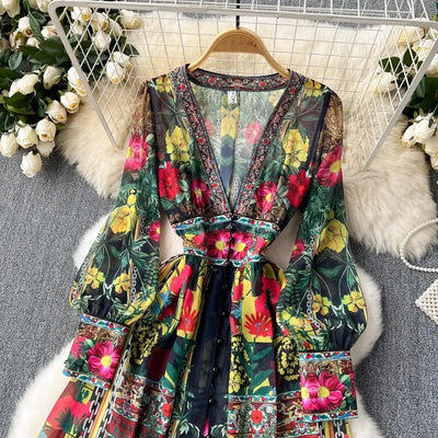 Summer Gorgeous Flower Dress Women Chiffon Clothing Sexy Deep V Neck Single Breasted Floral Print Beach Boho Long Robe Vestidos