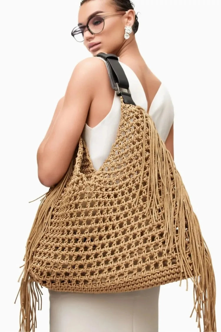 Designer Luxury Tote Bag Women 2025 New Large Capacity Bohemian Style Beach Bag Handmade Woven Hollow Out Tassel Shoulder Bag