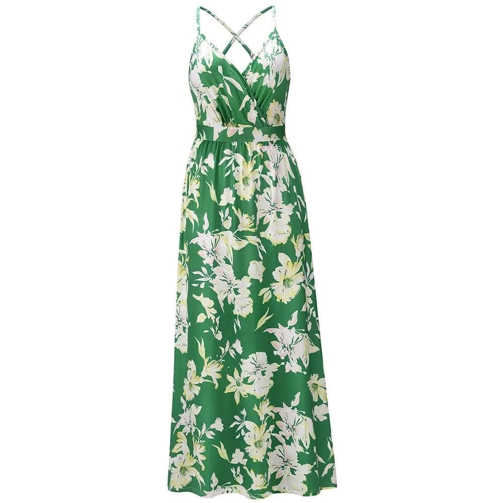Floral Dress Women's Summer Dress Sexy Backless V-neck Suspender Long Dress