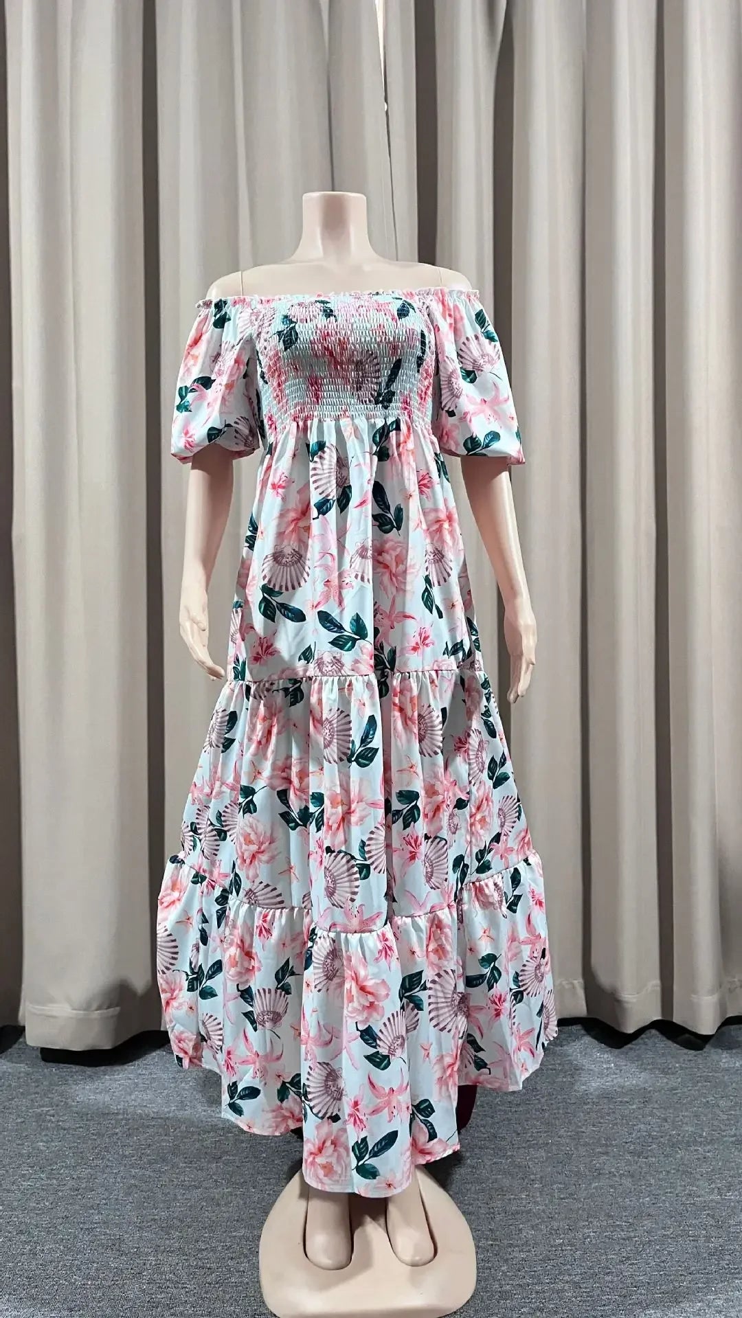 Summer Dresses for Women Print Off Shoulder Broken Flower Open Shoulder Long Dress Streetwear