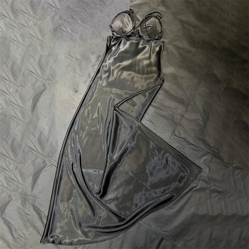 Womens dresses Summer 2025 new satin slim fit sleeveless long dresses Sexy backless suspender midi dresses banquet party dresses