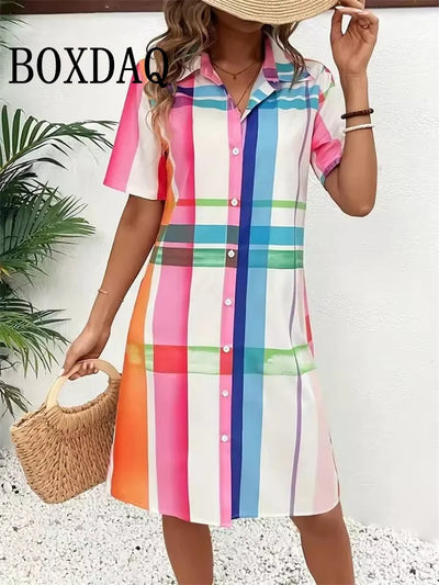 Summer Women‘s Dress Fashion Geometri Printed Short Sleeve Dresses 2025 Party Elegant Sundress Casual Button Lapel Shirts Dress