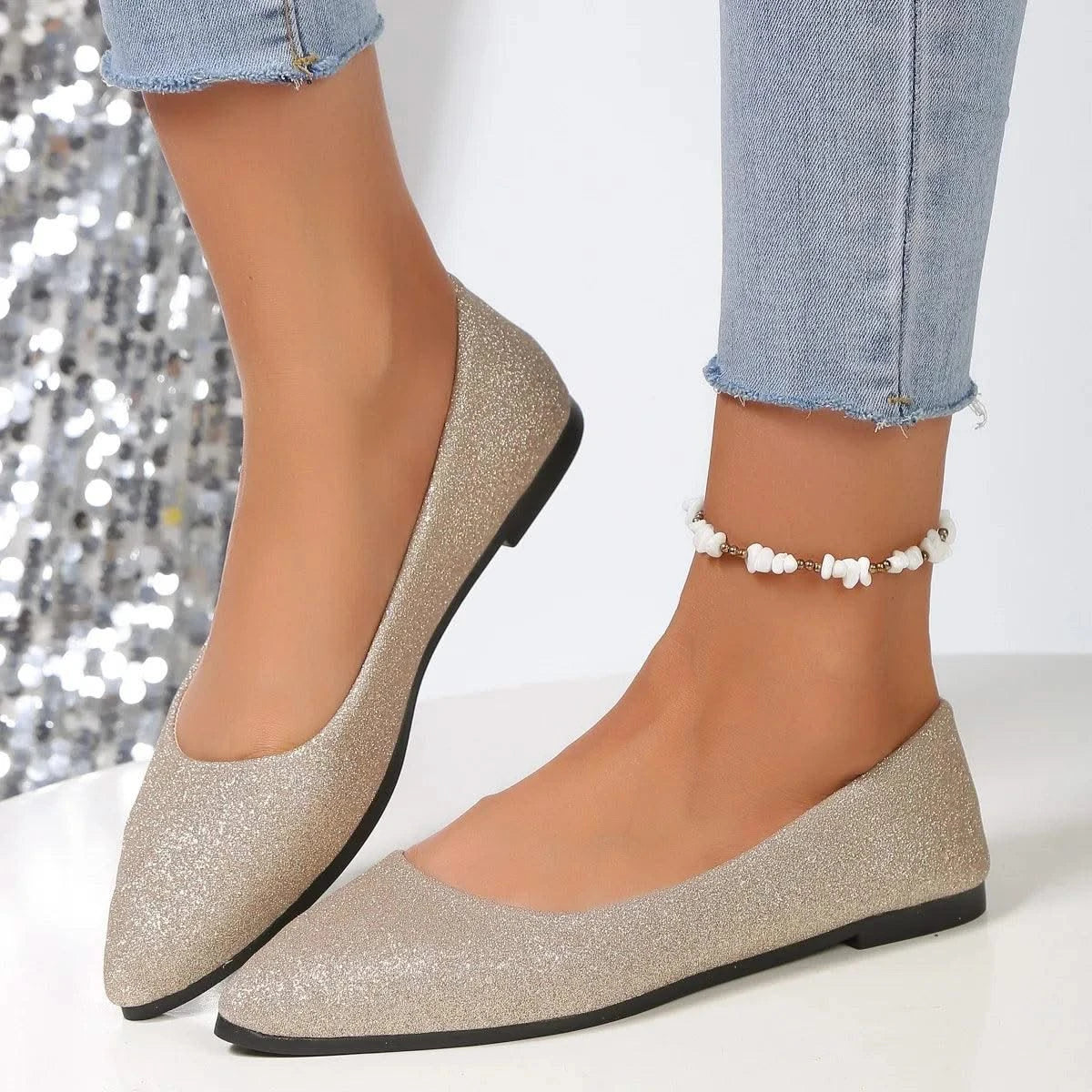 Glittery Slip on Loafers | Breathable Pointed Toe Boat Shoes | Shallow Flats Women Plus Size 43