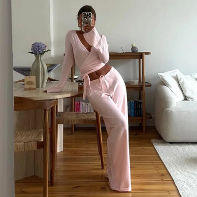 Women Fashion Lounge Set Vintage 2 Piece Outfit Spring Autumn V Neck Waist Tie T-shirt+Elastic Waist Pants Long Sleeve Crop Tops