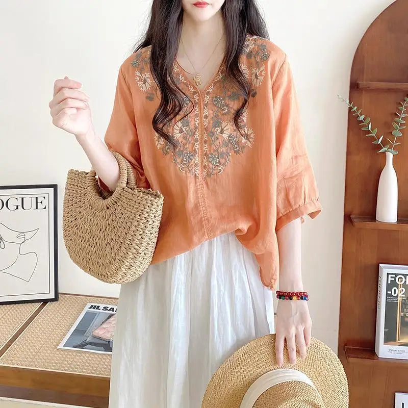 Women's Clothing Linen Blouse White V-Neck Embroidered Shourt Sleeve Loose Fit Artistic Casual Feminine Fashion