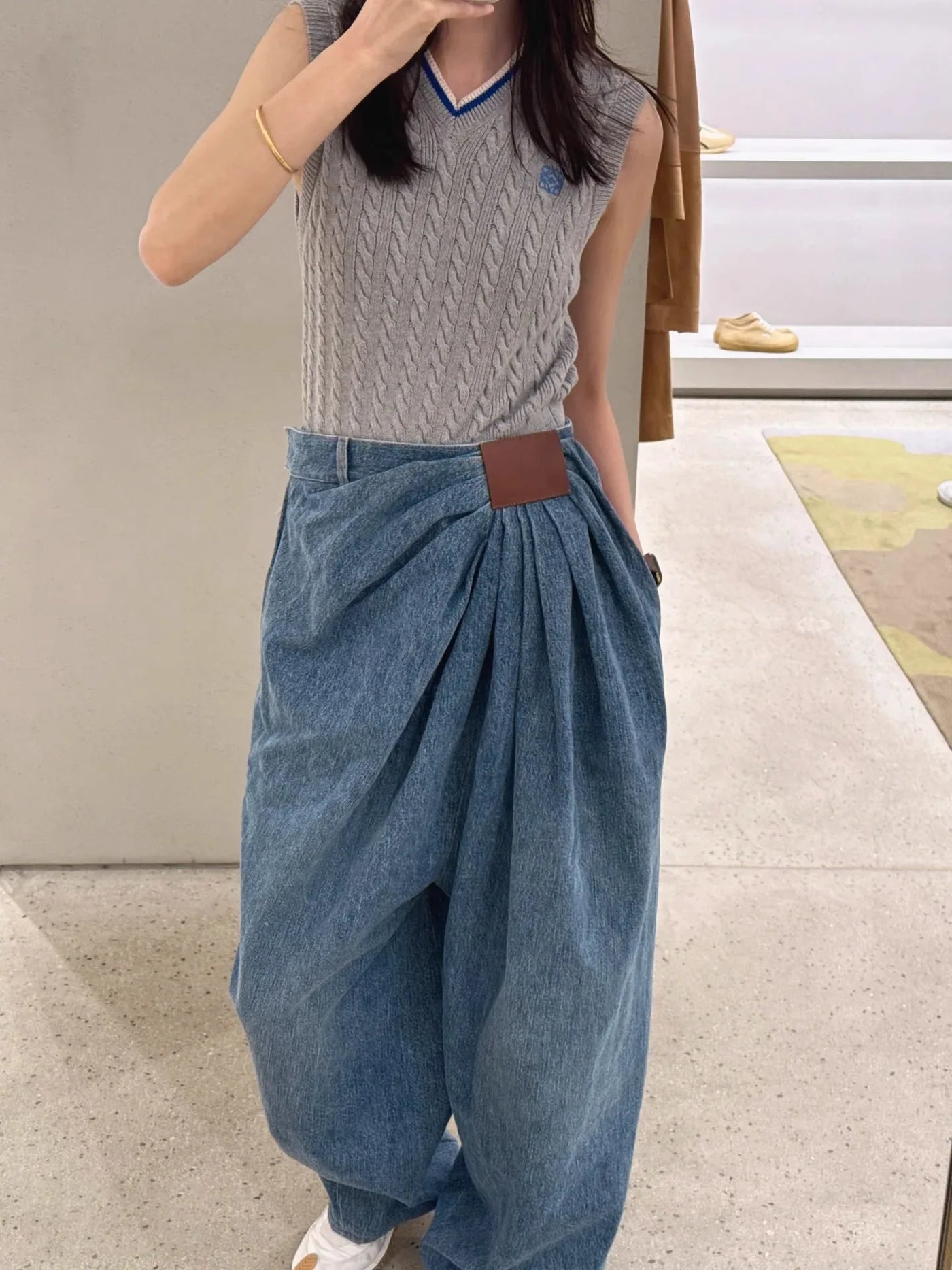 American Wide Leg Denim Pants For Women In Spring And Autumn Fashionable Pleated Design Loose Floor Length Pants