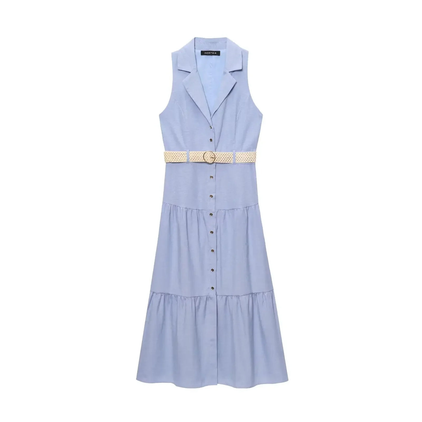 Women's Midi Dresses New Summer 2025 Blue Sleeveless Blend Midi Dress Belt Linen Blended Midi Dress Casual V Neck Dress