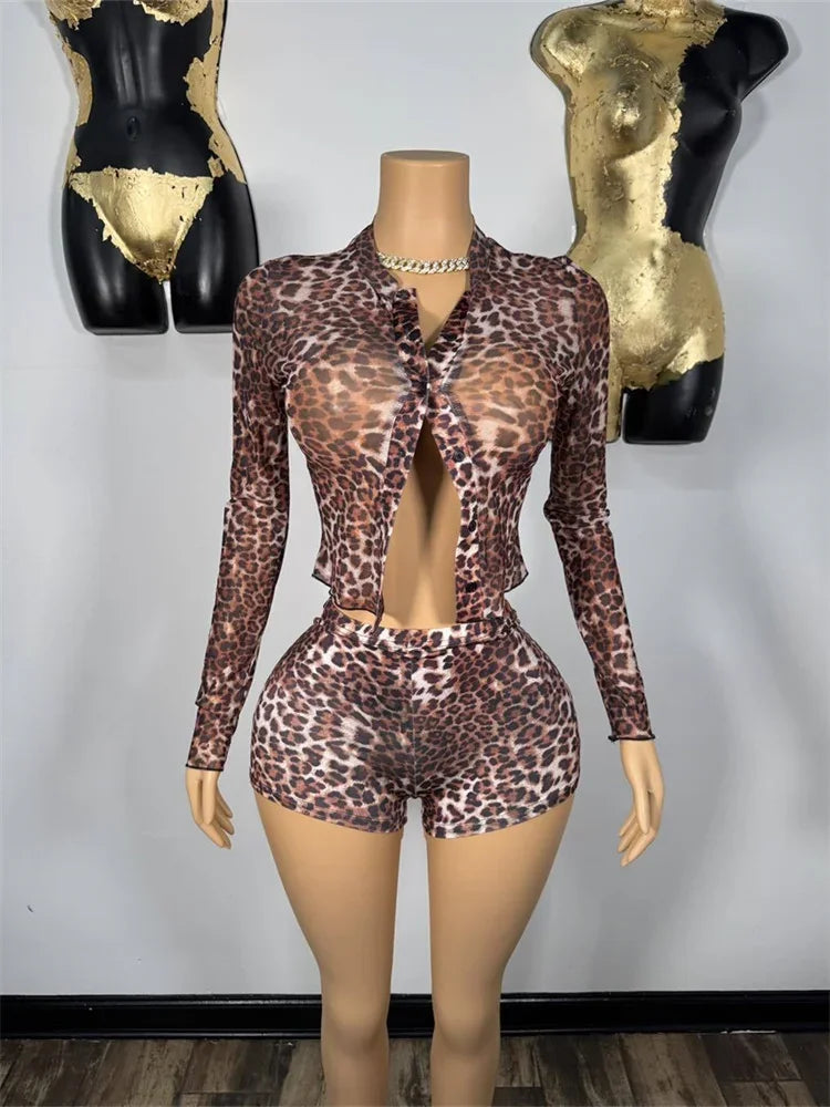 Spring New y2k Style Stretch Crop Top Leopard print Women Tracksuits Sets+Trousers 2 Two Pieces Matching Streetwear Shorts Suits