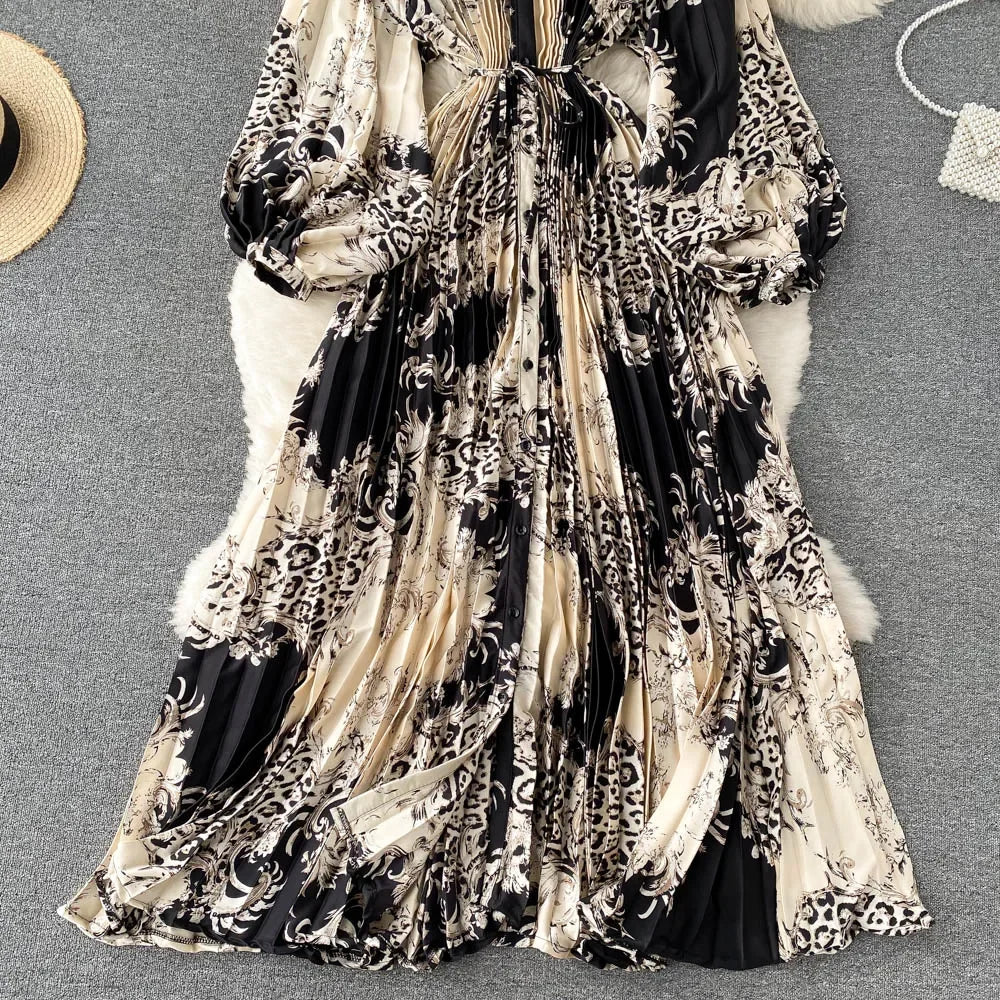 Retro Print Elegant Pleated Lace-up Chiffon Long Sleeve Dress A-line Blouse French Casual V-neck High Waist Women Summer Dresses
