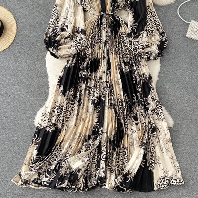 Retro Print Elegant Pleated Lace-up Chiffon Long Sleeve Dress A-line Blouse French Casual V-neck High Waist Women Summer Dresses