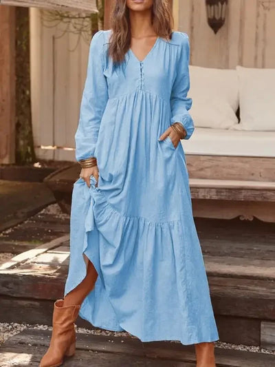 Women's Dress 2025 Spring and Summer Women's Button Cotton and Linen Retro Casual Long Sleeve Dress Large Hem Long Skirt