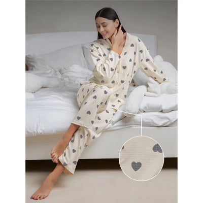 Love Pattern Waffle Pajamas Women Loungewear Set Cardigan Homewear Lady Long Sleeve Top Pant Nightwear 2025 Autumn Spring New