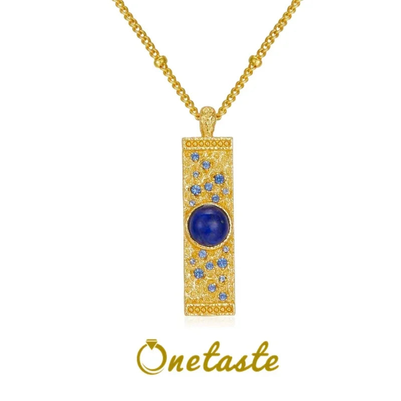 Lapis Lazuli CZ 925 Silver Gold Plated Hammered Bar Pendant Necklace Women Blue Stone Geometric Trendy Dainty Luxury Necklaces
