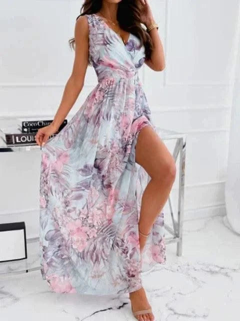Summer Women Dress Floral Print Fashion Slim V-Neck Tie-Up Backless Chiffon Sexy Sleeveless Slit Maxi Cover-Ups Robe Beach Dress